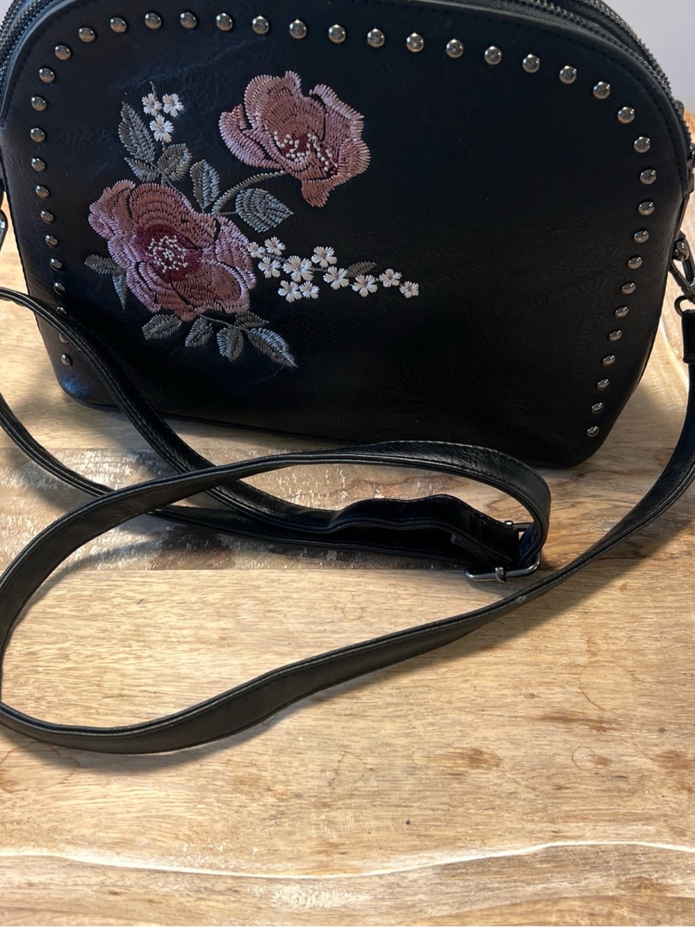 Black Floral Studded Crossbody Bag with Pink Embroidery - Picture 10 of 10
